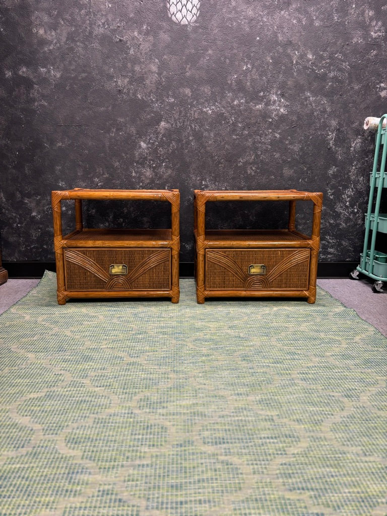 Vintage Sunburst Rattan Bedroom Suite – 5-Piece Cane Furniture Set with Lighted Terrarium Dresser, Headboard, Nightstands, Dresser & Cheval Mirror (1970s Coastal Boho)