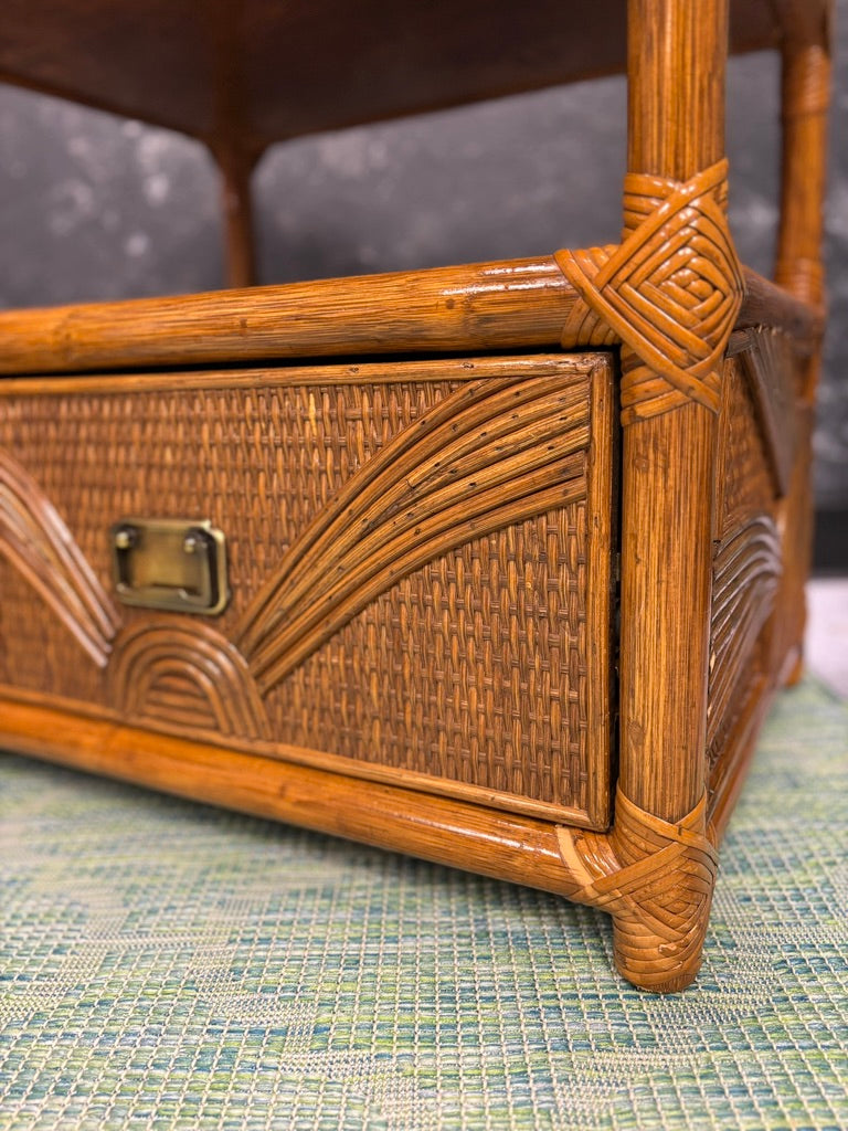 Vintage Sunburst Rattan Bedroom Suite – 5-Piece Cane Furniture Set with Lighted Terrarium Dresser, Headboard, Nightstands, Dresser & Cheval Mirror (1970s Coastal Boho)