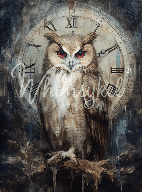 Timekeeper | Large Decoupage Tissue Paper for Furniture | 21x29 or 14x20 | Whimsykel Designs | Owl in front of Clock