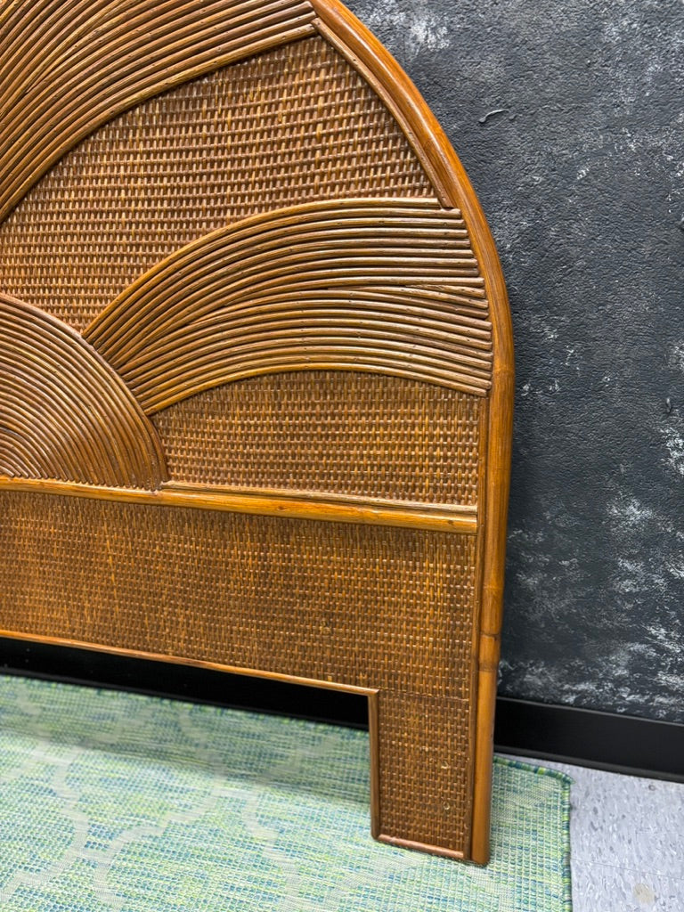 Vintage Sunburst Rattan Bedroom Suite – 5-Piece Cane Furniture Set with Lighted Terrarium Dresser, Headboard, Nightstands, Dresser & Cheval Mirror (1970s Coastal Boho)