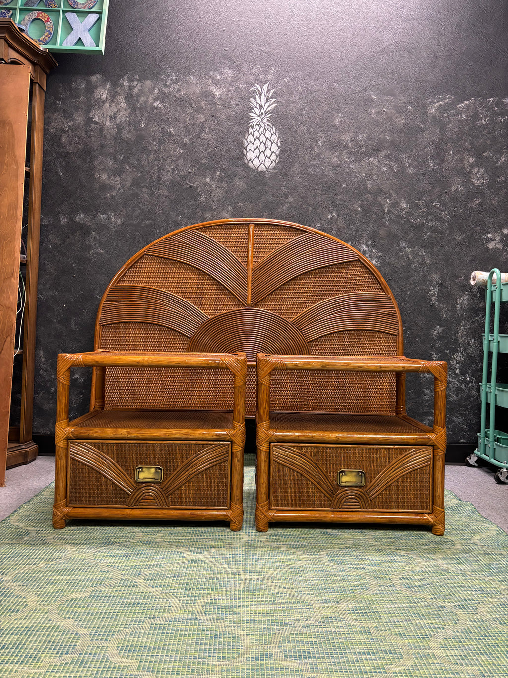 Vintage Sunburst Rattan Bedroom Suite – 5-Piece Cane Furniture Set with Lighted Terrarium Dresser, Headboard, Nightstands, Dresser & Cheval Mirror (1970s Coastal Boho)