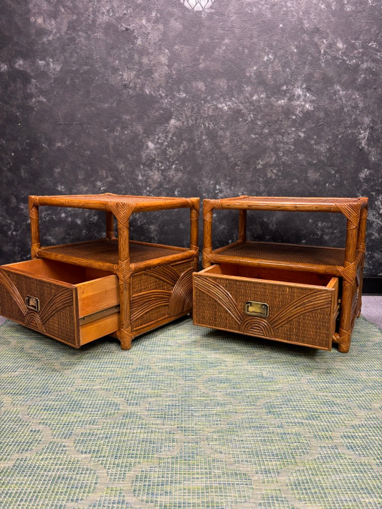 Vintage Sunburst Rattan Bedroom Suite – 5-Piece Cane Furniture Set with Lighted Terrarium Dresser, Headboard, Nightstands, Dresser & Cheval Mirror (1970s Coastal Boho)