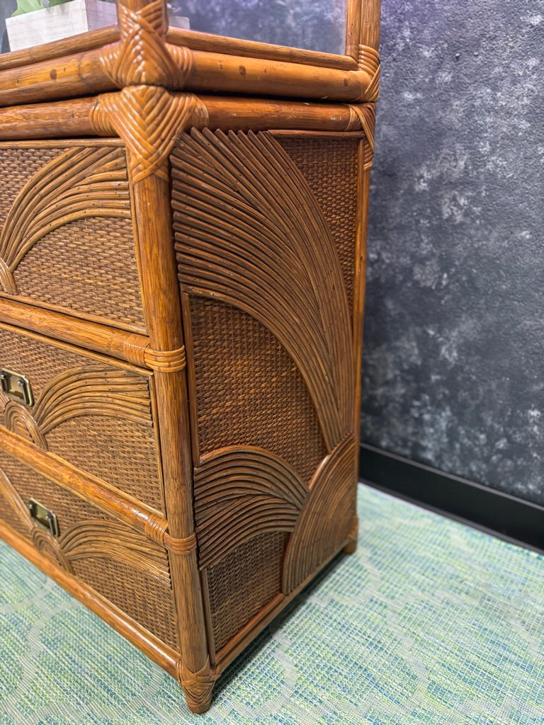 Vintage Sunburst Rattan Bedroom Suite – 5-Piece Cane Furniture Set with Lighted Terrarium Dresser, Headboard, Nightstands, Dresser & Cheval Mirror (1970s Coastal Boho)