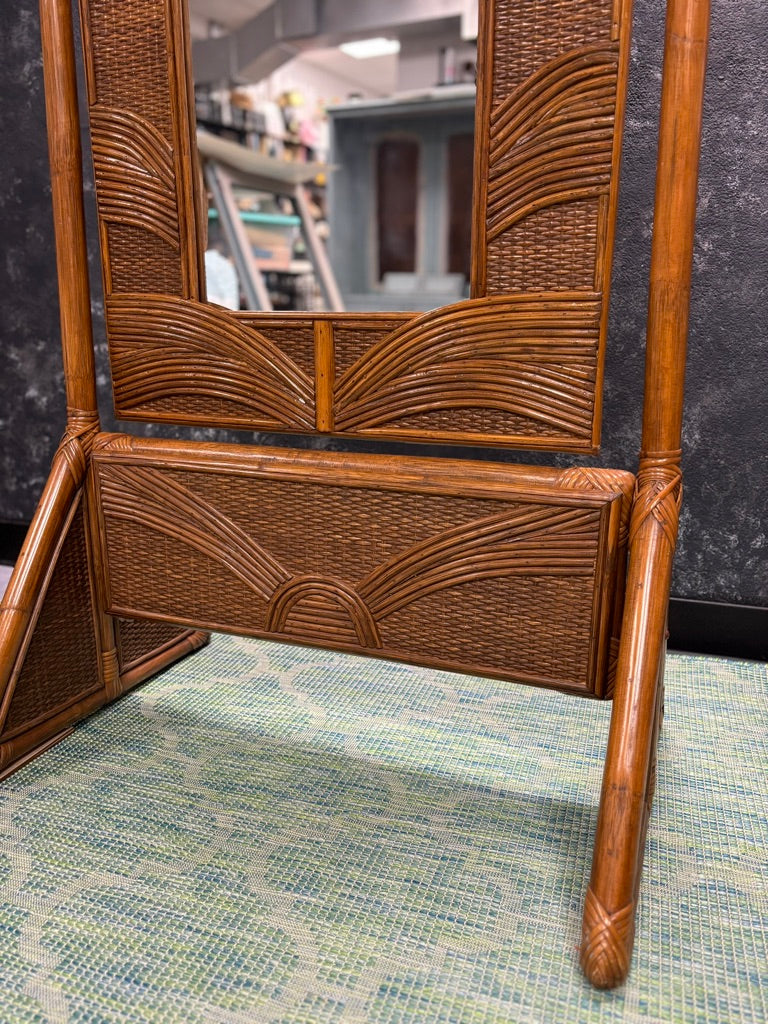 Vintage Sunburst Rattan Bedroom Suite – 5-Piece Cane Furniture Set with Lighted Terrarium Dresser, Headboard, Nightstands, Dresser & Cheval Mirror (1970s Coastal Boho)