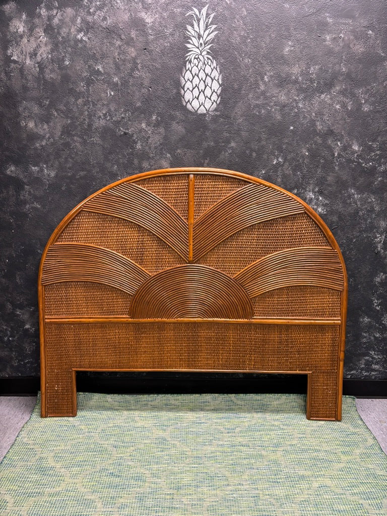 Vintage Sunburst Rattan Bedroom Suite – 5-Piece Cane Furniture Set with Lighted Terrarium Dresser, Headboard, Nightstands, Dresser & Cheval Mirror (1970s Coastal Boho)