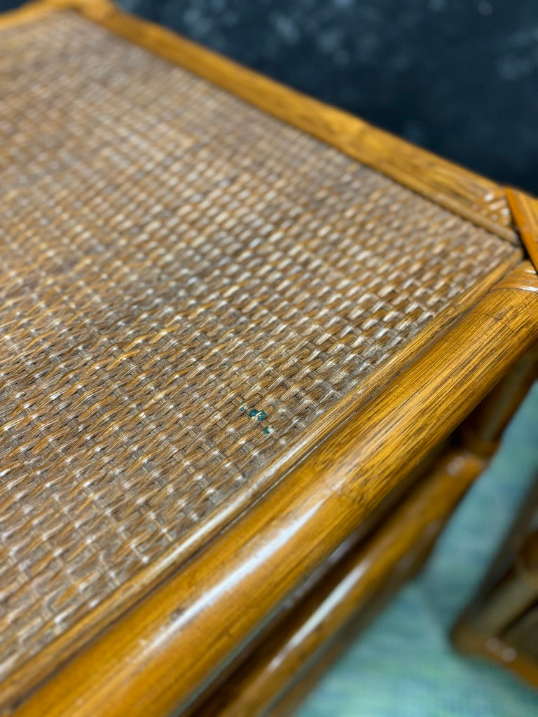 Vintage Sunburst Rattan Bedroom Suite – 5-Piece Cane Furniture Set with Lighted Terrarium Dresser, Headboard, Nightstands, Dresser & Cheval Mirror (1970s Coastal Boho)