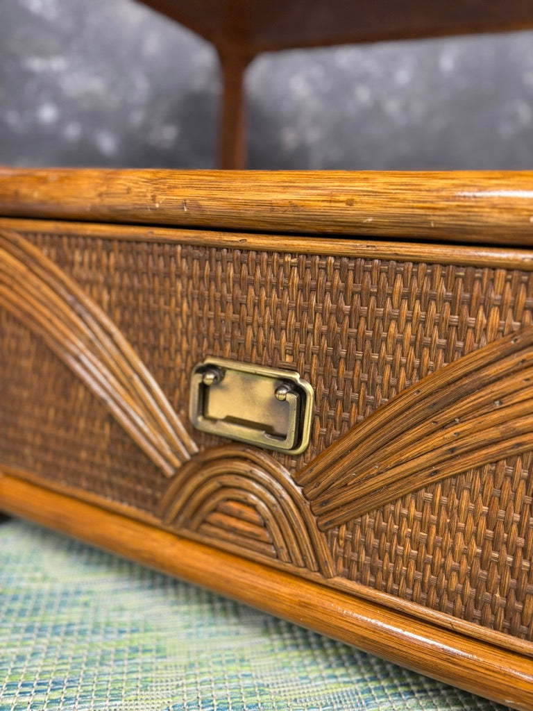 Vintage Sunburst Rattan Bedroom Suite – 5-Piece Cane Furniture Set with Lighted Terrarium Dresser, Headboard, Nightstands, Dresser & Cheval Mirror (1970s Coastal Boho)