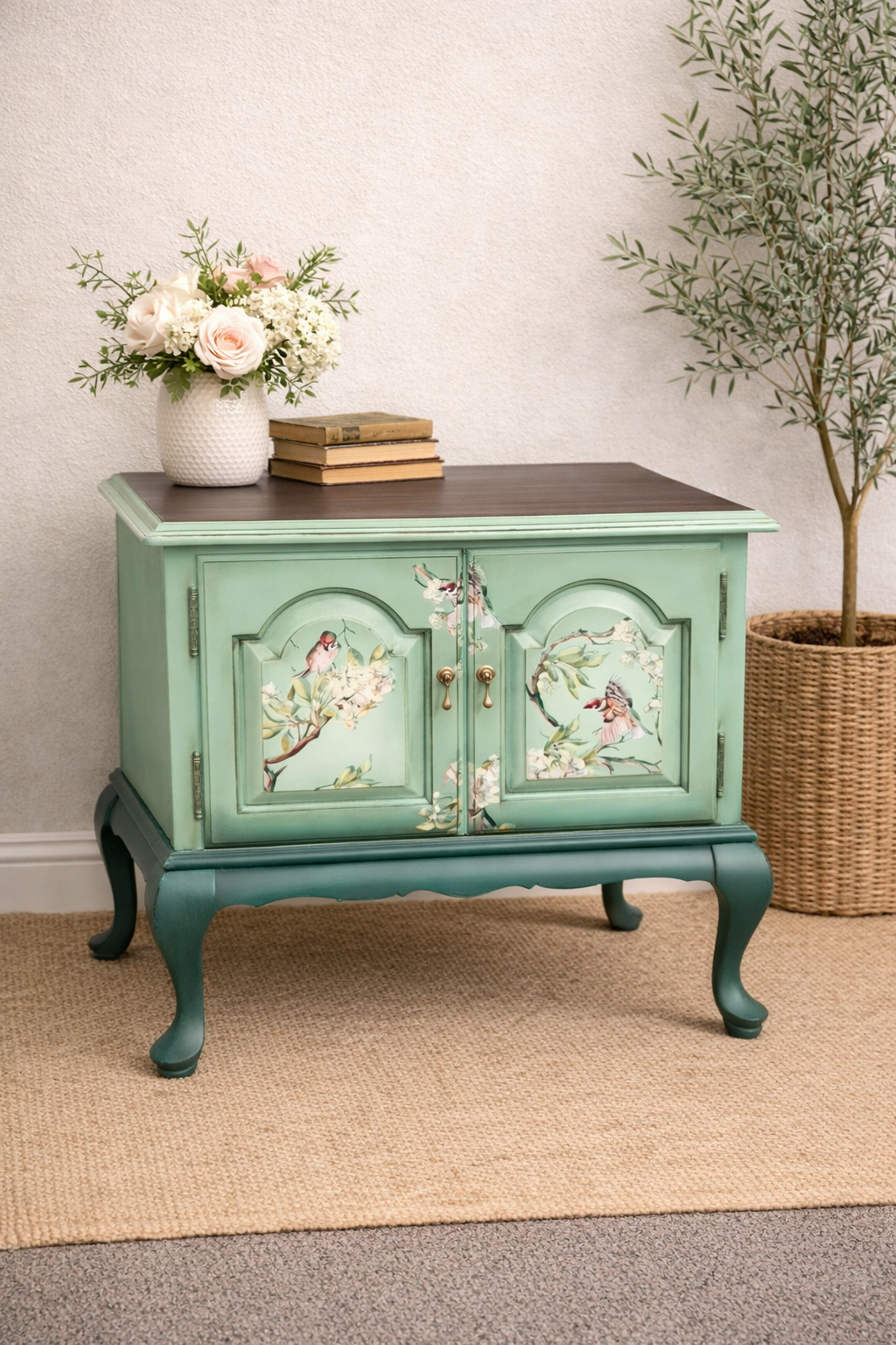 Vintage Ethan Allen Side Table | Hand Painted Bird & Blossom | Mint Ombre Finish | Local Pickup NJ