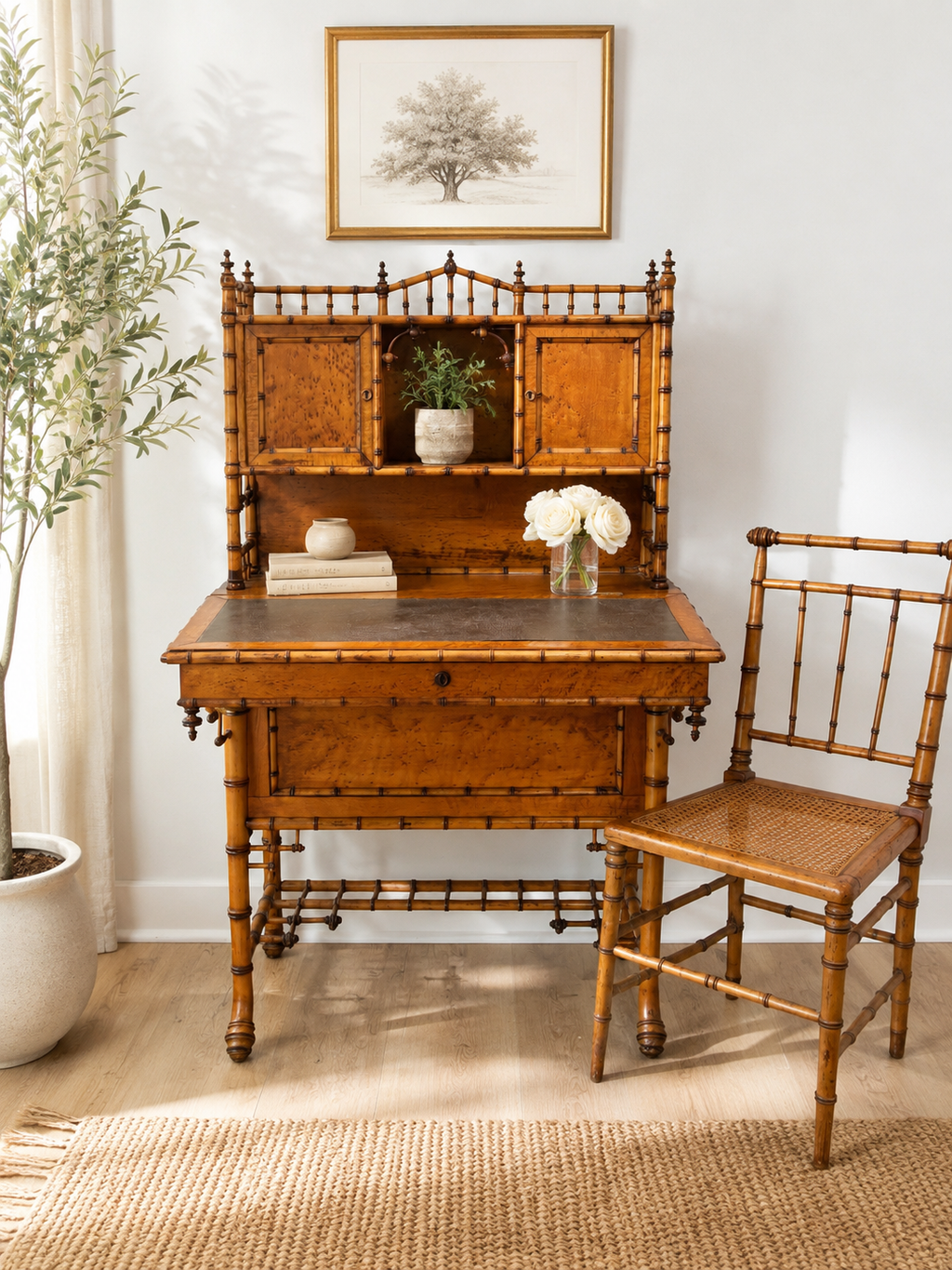 Rare Aesthetic Movement Faux Bamboo Bird's-Eye Maple Partial Bedroom Suite | Secretary Desk, Chair, Mirror & Twin Bed | Attributed to R.J. Horner | c. 1885–1895