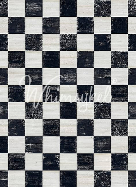 Checkered black and white pattern with a brand name overlay