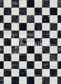 Checkered black and white pattern with a brand name overlay