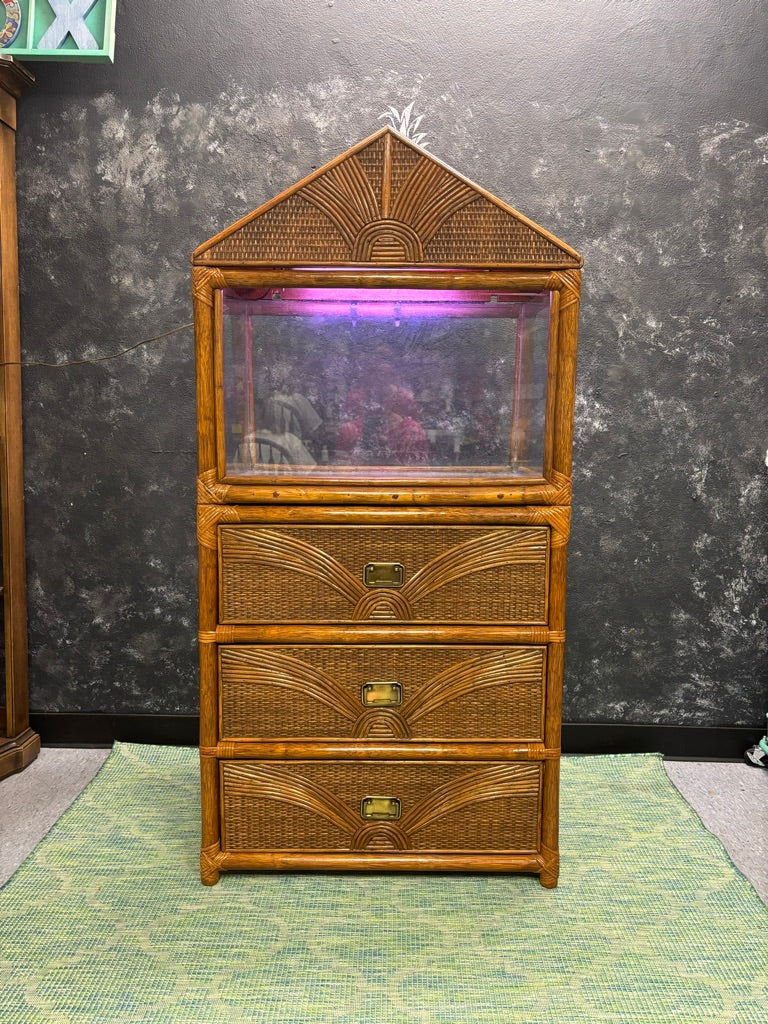 Vintage Sunburst Rattan Bedroom Suite – 5-Piece Cane Furniture Set with Lighted Terrarium Dresser, Headboard, Nightstands, Dresser & Cheval Mirror (1970s Coastal Boho)