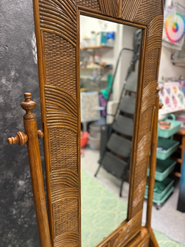 Vintage Sunburst Rattan Bedroom Suite – 5-Piece Cane Furniture Set with Lighted Terrarium Dresser, Headboard, Nightstands, Dresser & Cheval Mirror (1970s Coastal Boho)