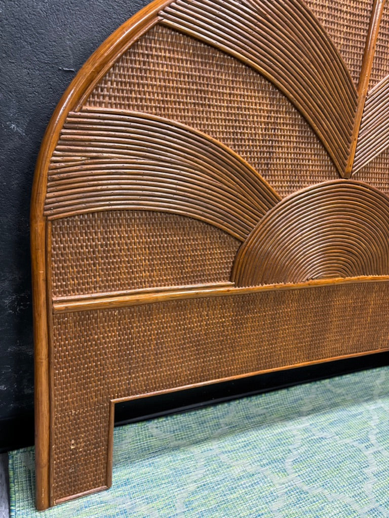 Vintage Sunburst Rattan Bedroom Suite – 5-Piece Cane Furniture Set with Lighted Terrarium Dresser, Headboard, Nightstands, Dresser & Cheval Mirror (1970s Coastal Boho)