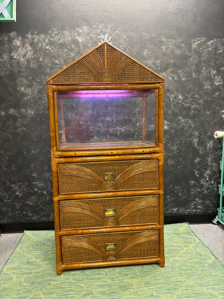 Vintage Sunburst Rattan Bedroom Suite – 5-Piece Cane Furniture Set with Lighted Terrarium Dresser, Headboard, Nightstands, Dresser & Cheval Mirror (1970s Coastal Boho)