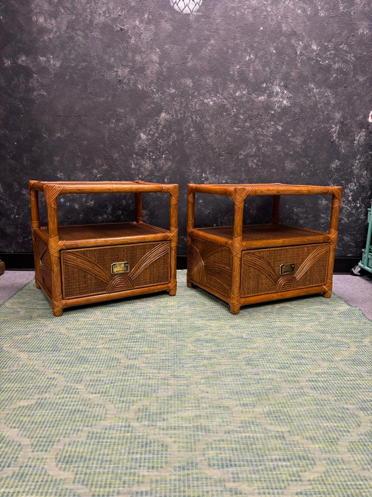 Vintage Sunburst Rattan Bedroom Suite – 5-Piece Cane Furniture Set with Lighted Terrarium Dresser, Headboard, Nightstands, Dresser & Cheval Mirror (1970s Coastal Boho)