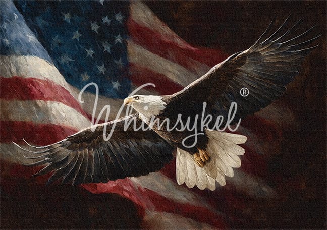 Bald eagle flying in front of an American flag.