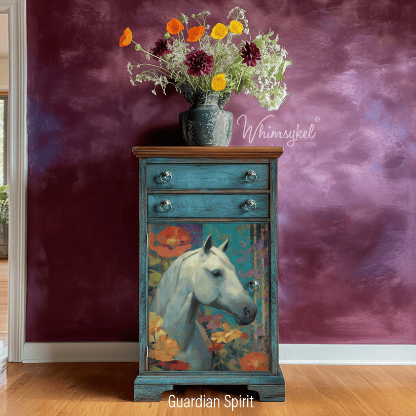 Decorative cabinet with a horse painting and floral arrangement against a purple wall.