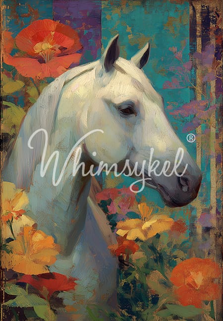 Painting of a white horse surrounded by colorful flowers with 'Whimsykel' branding.
