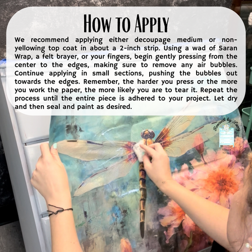 Person applying a decoupaged dragonfly design to a surface with text on how to apply decoupage medium.