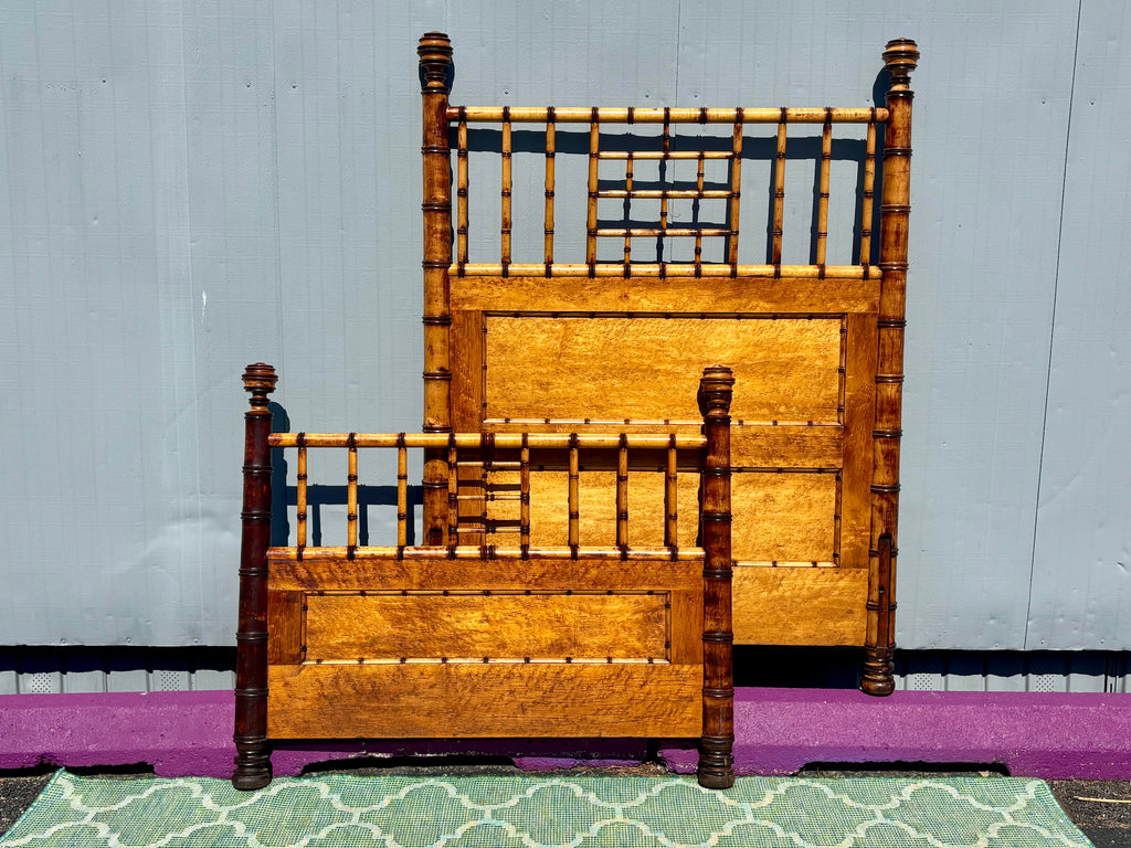 Rare Aesthetic Movement Faux Bamboo Bird's-Eye Maple Partial Bedroom Suite | Secretary Desk, Chair, Mirror & Twin Bed | Attributed to R.J. Horner | c. 1885–1895
