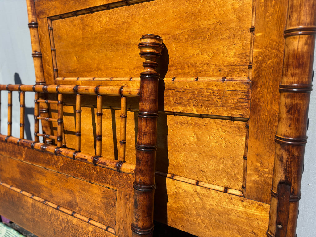 Rare Aesthetic Movement Faux Bamboo Bird's-Eye Maple Partial Bedroom Suite | Secretary Desk, Chair, Mirror & Twin Bed | Attributed to R.J. Horner | c. 1885–1895