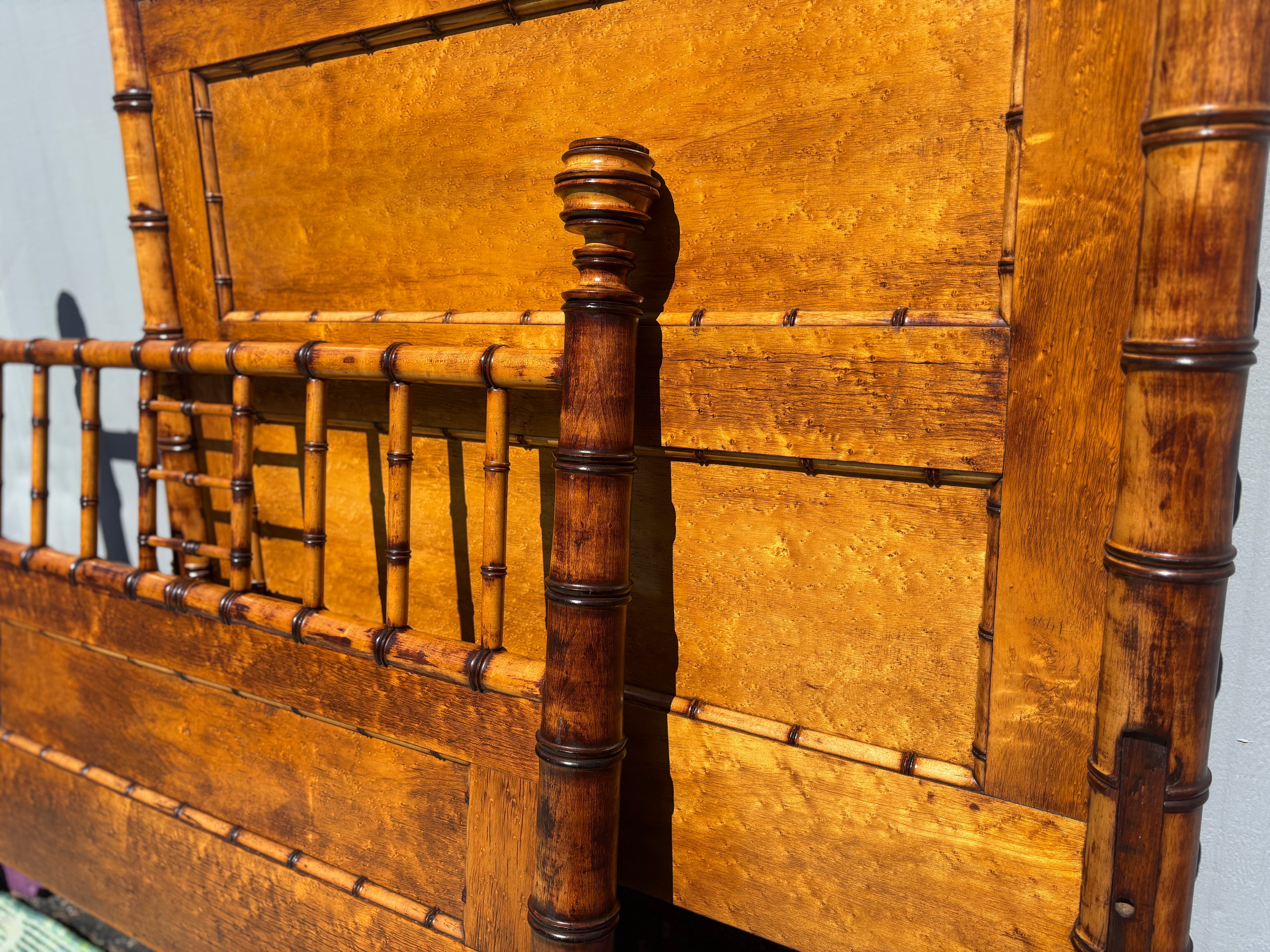 Rare Aesthetic Movement Faux Bamboo Bird's-Eye Maple Partial Bedroom Suite | Secretary Desk, Chair, Mirror & Twin Bed | Attributed to R.J. Horner | c. 1885–1895
