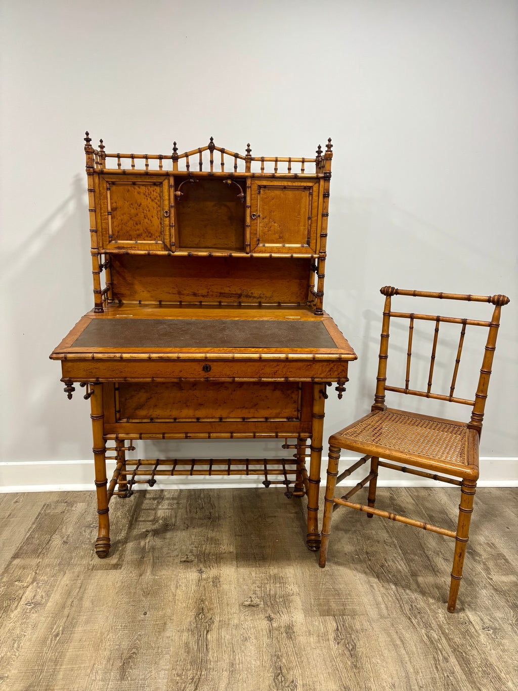 Rare Aesthetic Movement Faux Bamboo Bird's-Eye Maple Partial Bedroom Suite | Secretary Desk, Chair, Mirror & Twin Bed | Attributed to R.J. Horner | c. 1885–1895