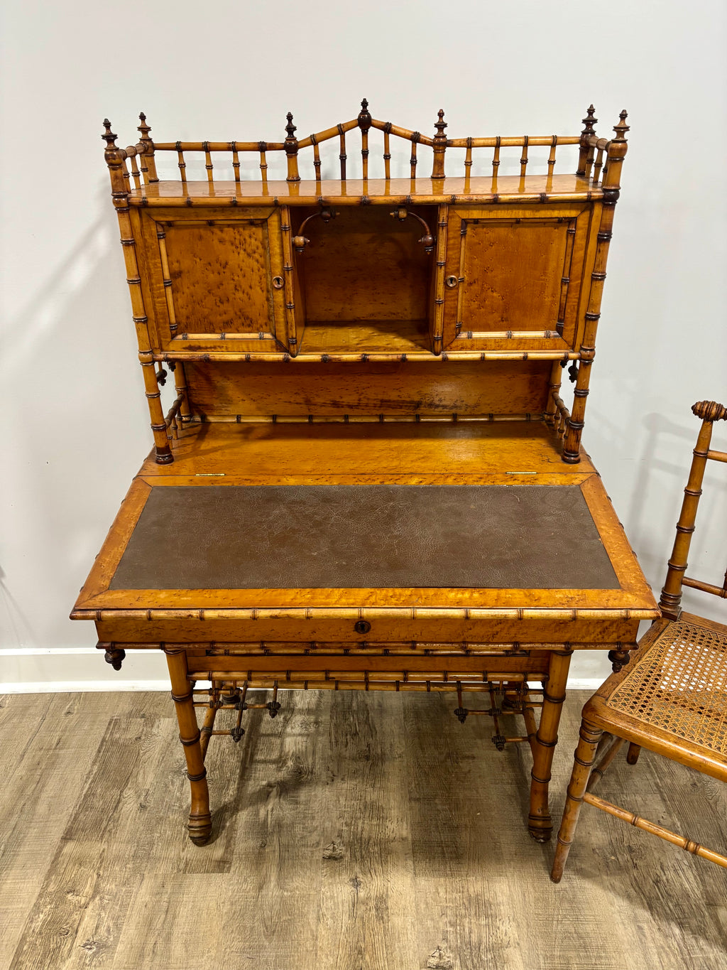 Rare Aesthetic Movement Faux Bamboo Bird's-Eye Maple Partial Bedroom Suite | Secretary Desk, Chair, Mirror & Twin Bed | Attributed to R.J. Horner | c. 1885–1895
