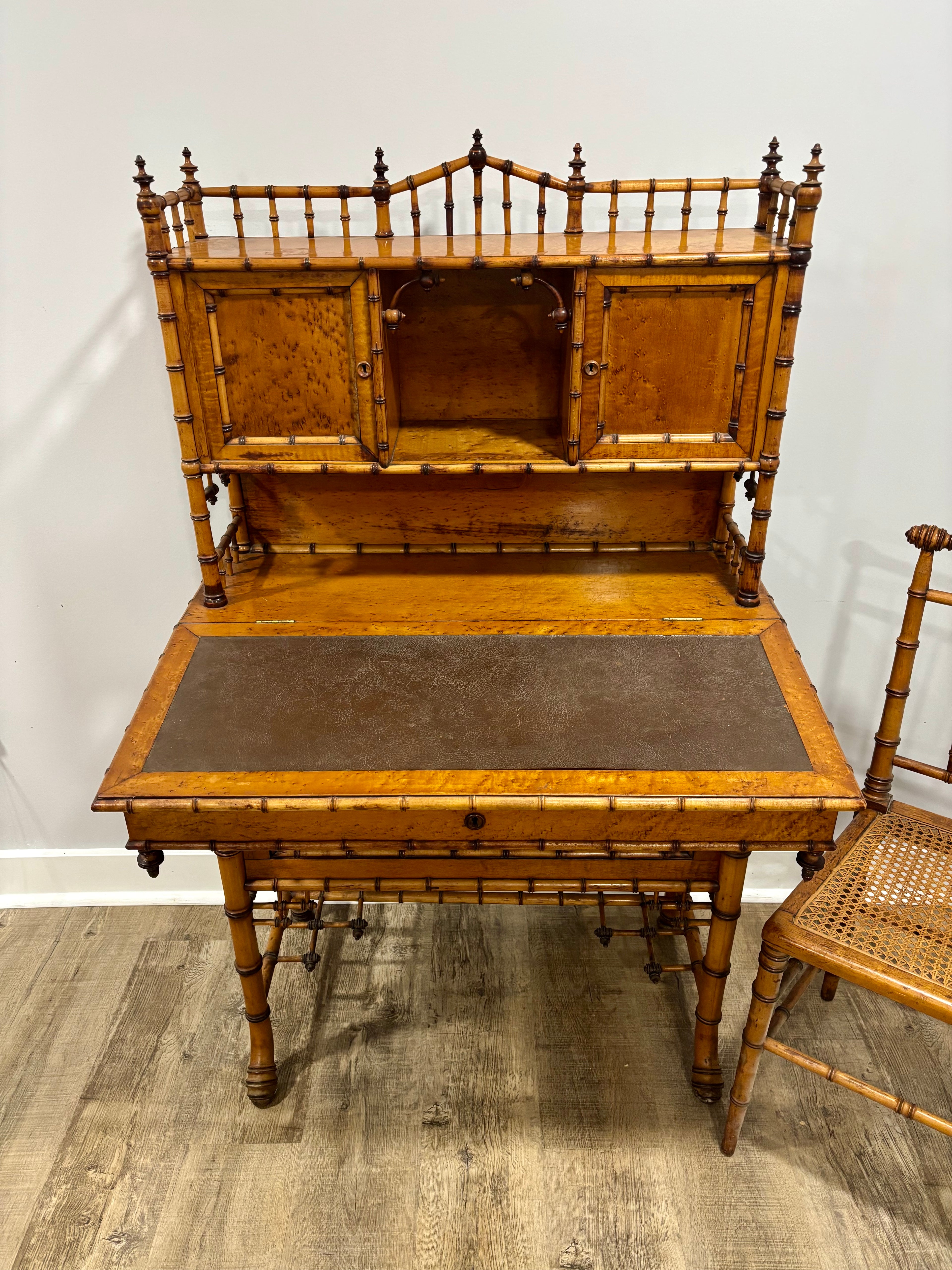 Rare Aesthetic Movement Faux Bamboo Bird's-Eye Maple Partial Bedroom Suite | Secretary Desk, Chair, Mirror & Twin Bed | Attributed to R.J. Horner | c. 1885–1895