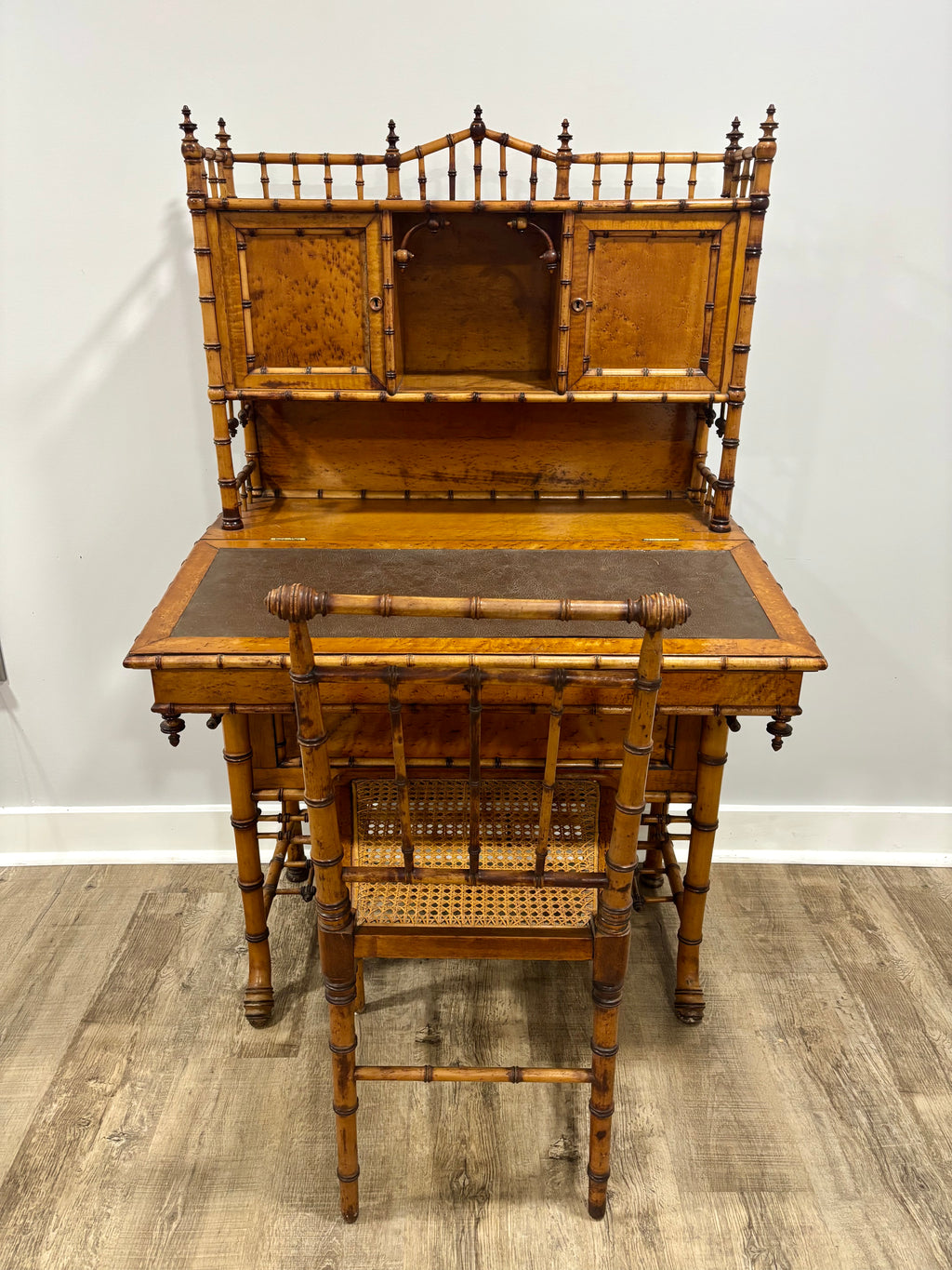 Rare Aesthetic Movement Faux Bamboo Bird's-Eye Maple Partial Bedroom Suite | Secretary Desk, Chair, Mirror & Twin Bed | Attributed to R.J. Horner | c. 1885–1895