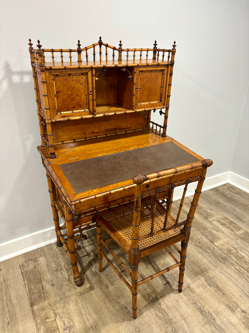 Rare Aesthetic Movement Faux Bamboo Bird's-Eye Maple Partial Bedroom Suite | Secretary Desk, Chair, Mirror & Twin Bed | Attributed to R.J. Horner | c. 1885–1895