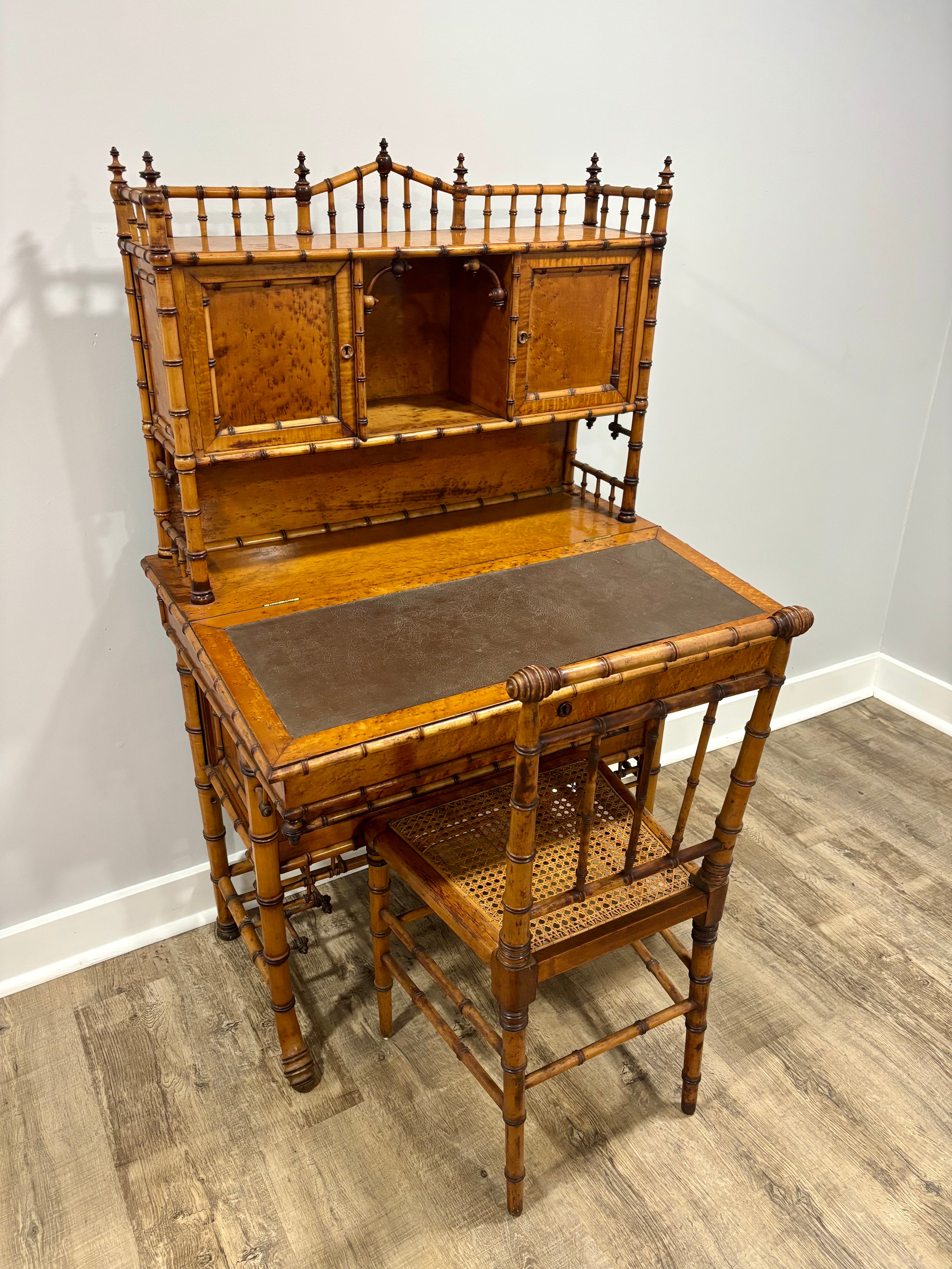 Rare Aesthetic Movement Faux Bamboo Bird's-Eye Maple Partial Bedroom Suite | Secretary Desk, Chair, Mirror & Twin Bed | Attributed to R.J. Horner | c. 1885–1895