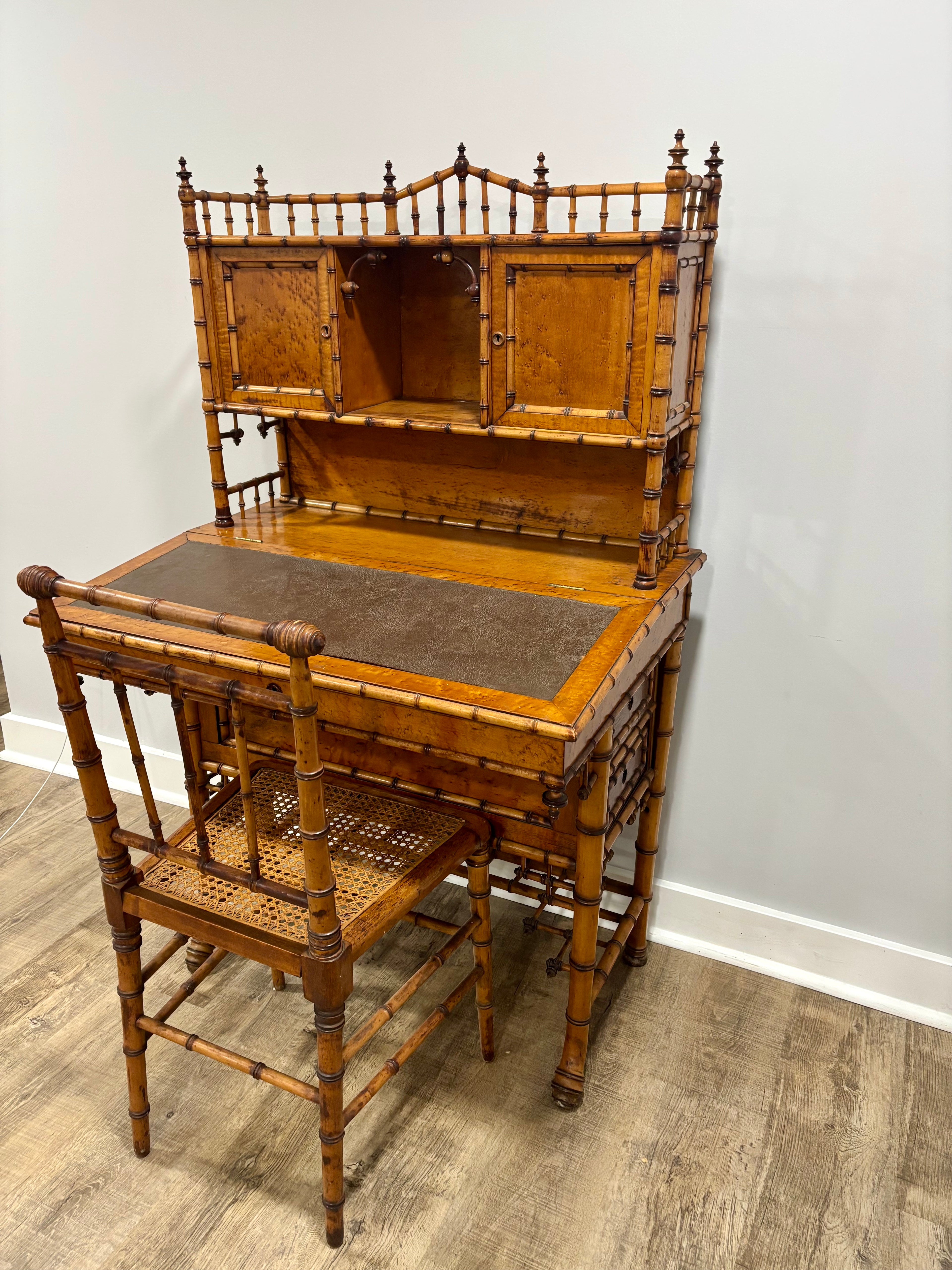 Rare Aesthetic Movement Faux Bamboo Bird's-Eye Maple Partial Bedroom Suite | Secretary Desk, Chair, Mirror & Twin Bed | Attributed to R.J. Horner | c. 1885–1895
