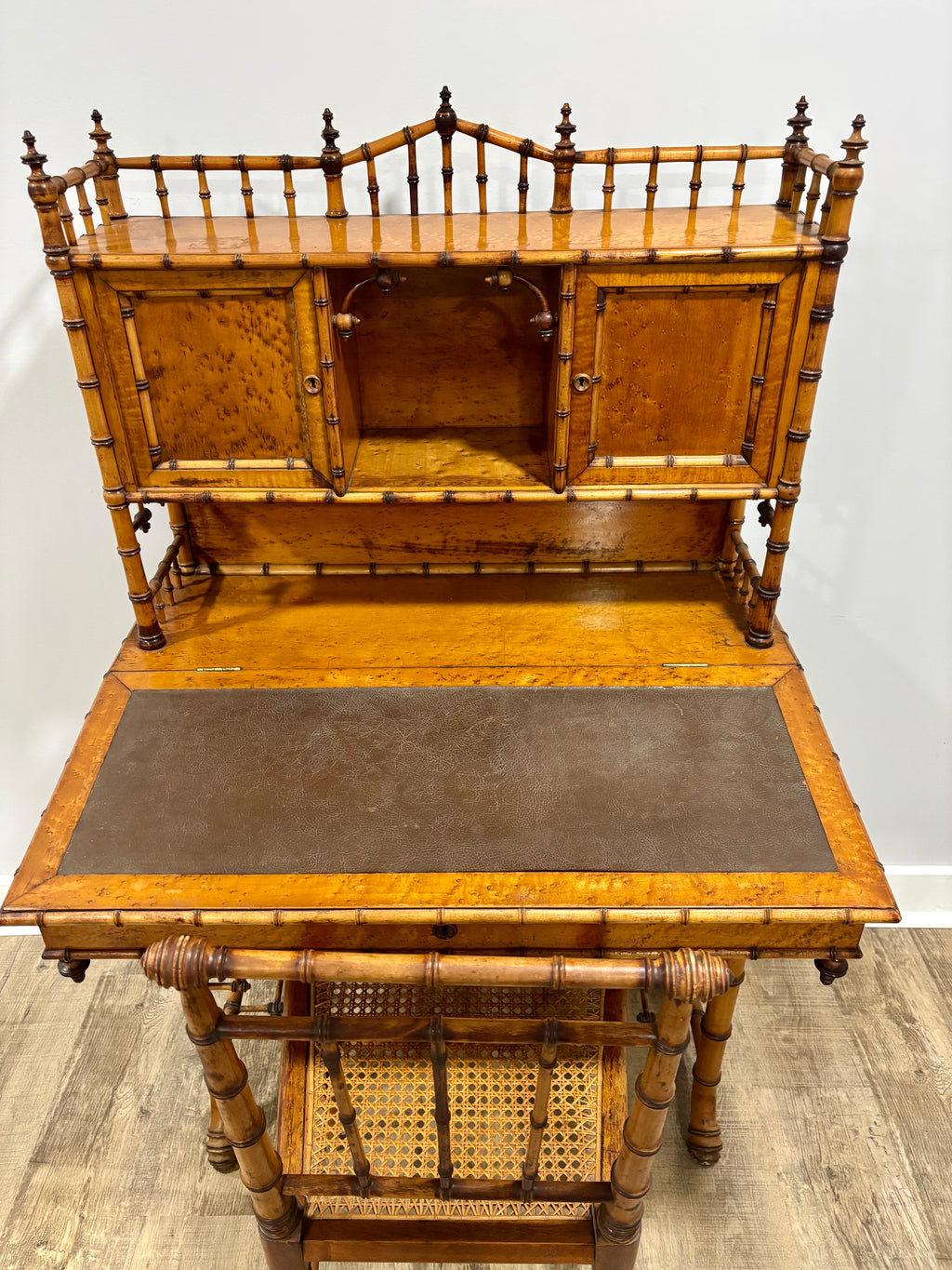 Rare Aesthetic Movement Faux Bamboo Bird's-Eye Maple Partial Bedroom Suite | Secretary Desk, Chair, Mirror & Twin Bed | Attributed to R.J. Horner | c. 1885–1895
