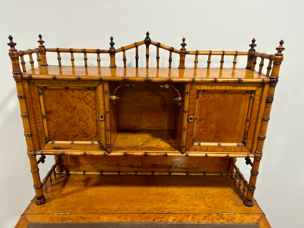 Rare Aesthetic Movement Faux Bamboo Bird's-Eye Maple Partial Bedroom Suite | Secretary Desk, Chair, Mirror & Twin Bed | Attributed to R.J. Horner | c. 1885–1895