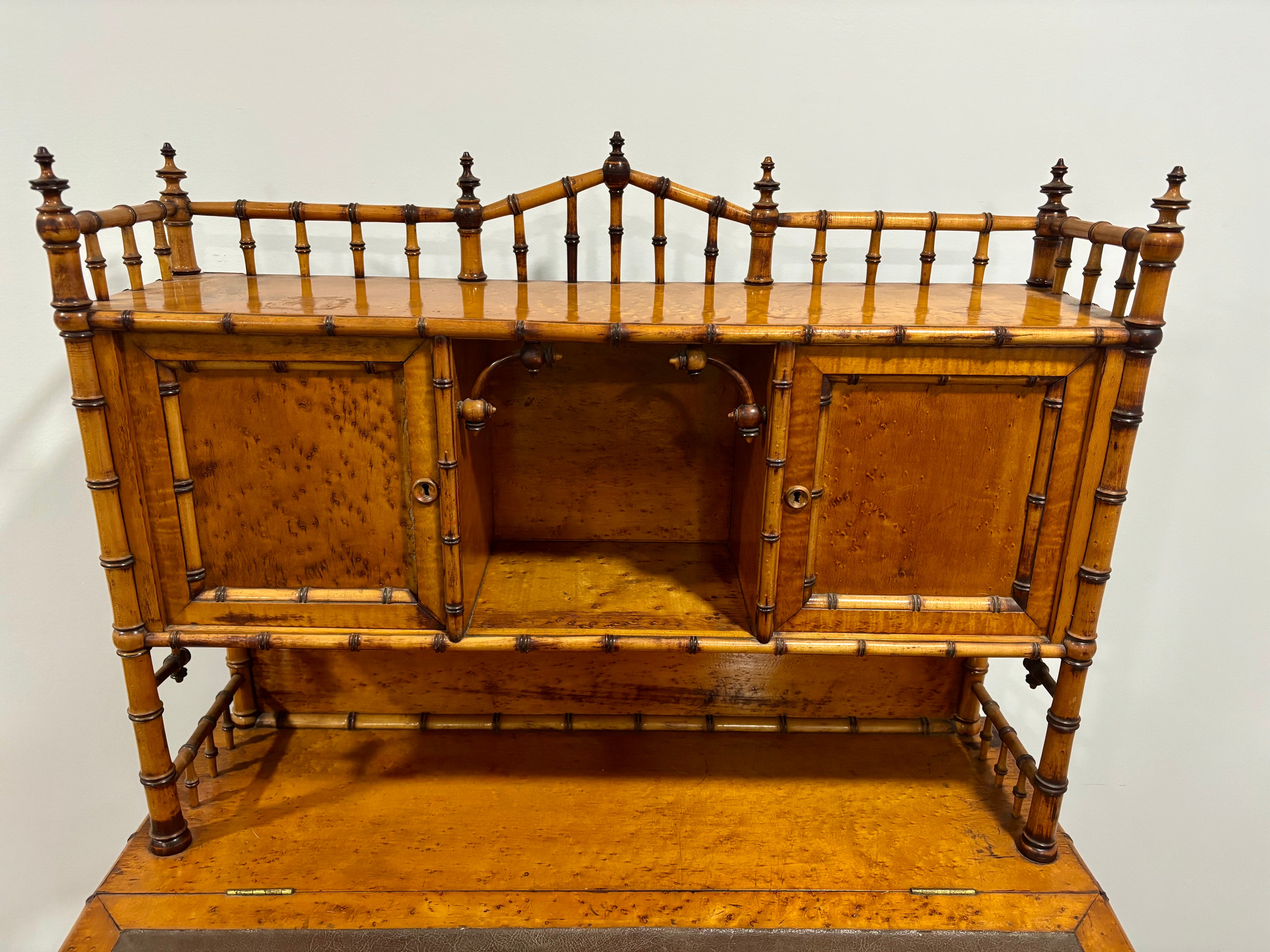 Rare Aesthetic Movement Faux Bamboo Bird's-Eye Maple Partial Bedroom Suite | Secretary Desk, Chair, Mirror & Twin Bed | Attributed to R.J. Horner | c. 1885–1895