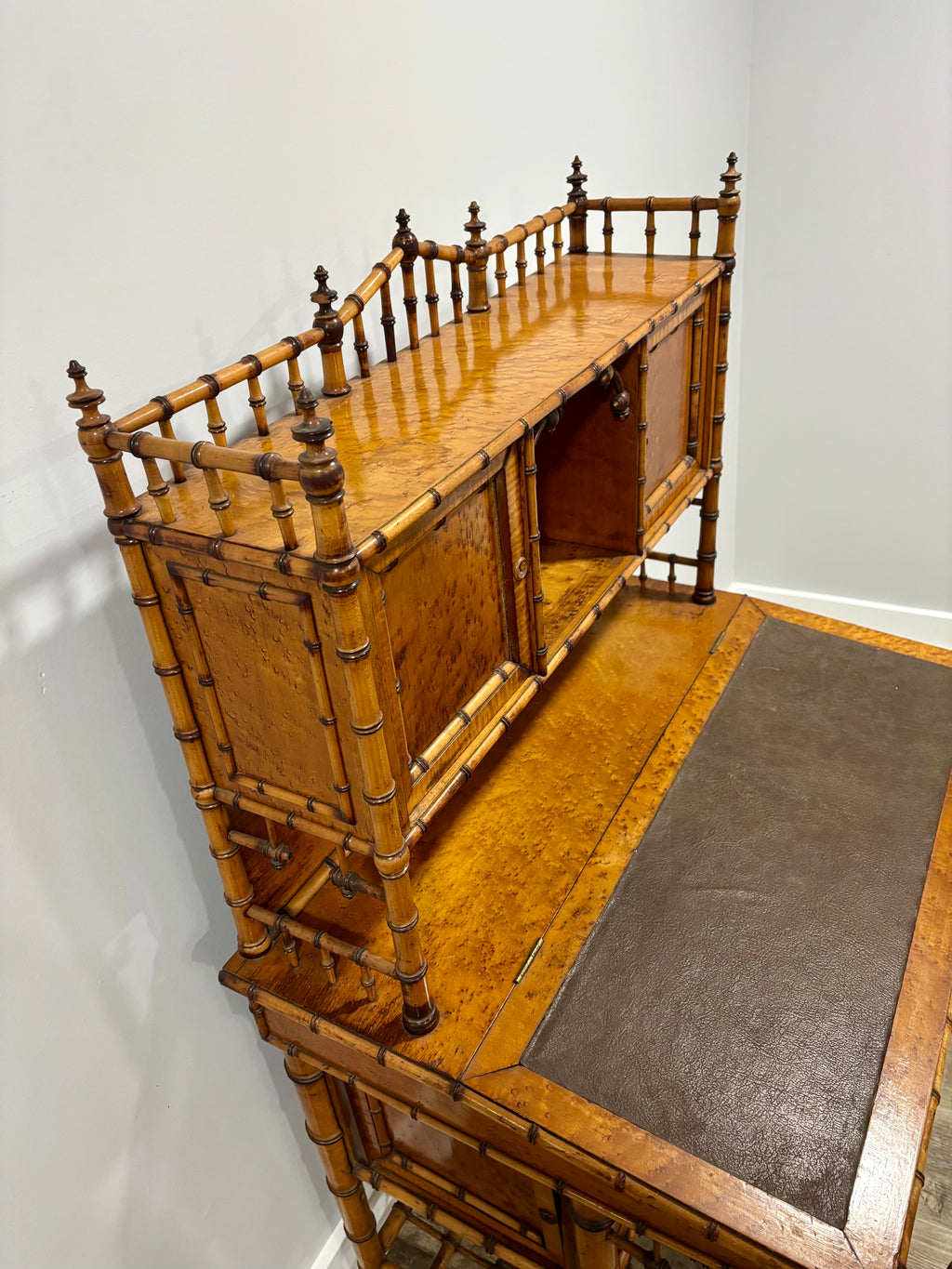 Rare Aesthetic Movement Faux Bamboo Bird's-Eye Maple Partial Bedroom Suite | Secretary Desk, Chair, Mirror & Twin Bed | Attributed to R.J. Horner | c. 1885–1895