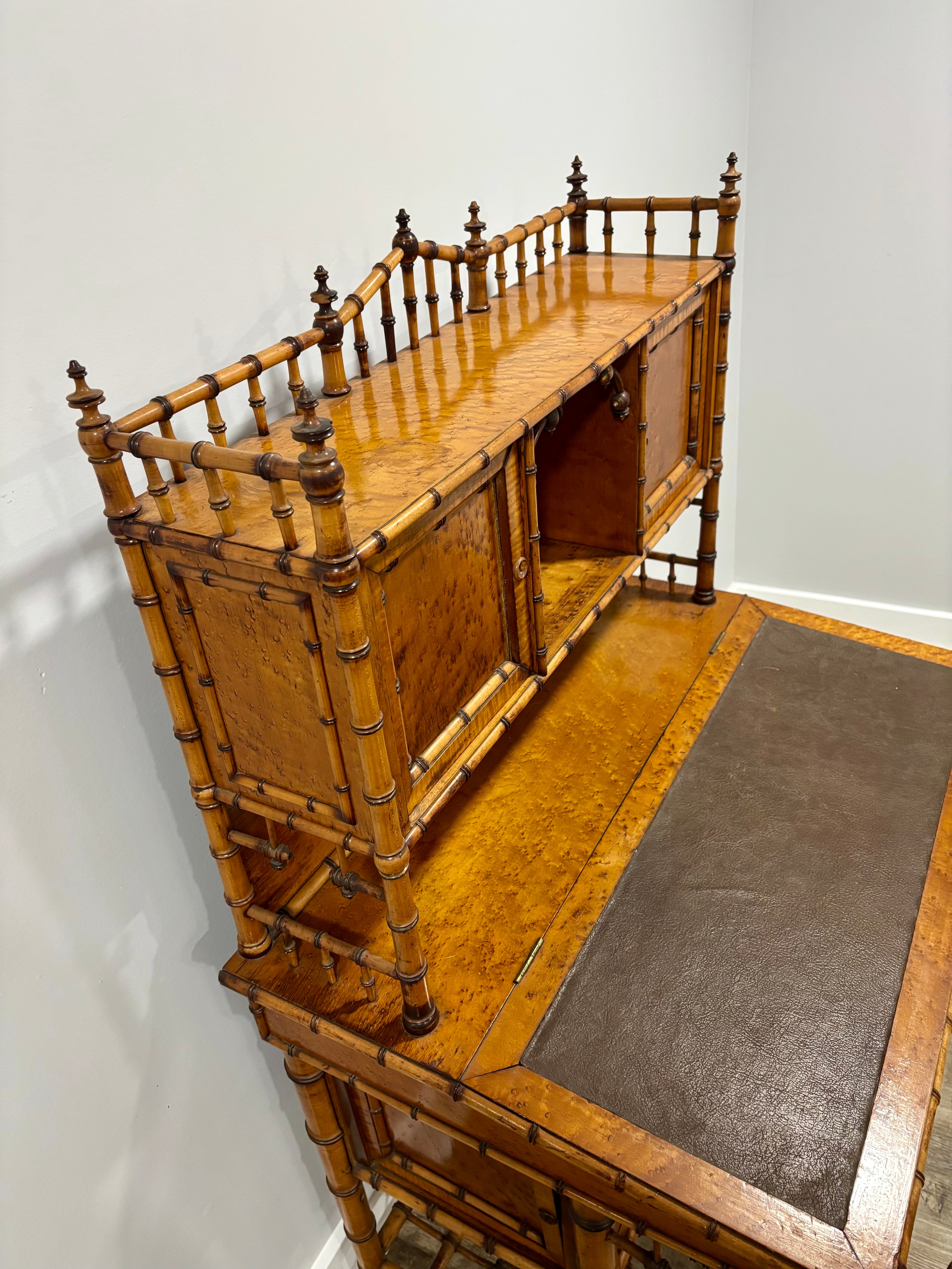 Rare Aesthetic Movement Faux Bamboo Bird's-Eye Maple Partial Bedroom Suite | Secretary Desk, Chair, Mirror & Twin Bed | Attributed to R.J. Horner | c. 1885–1895