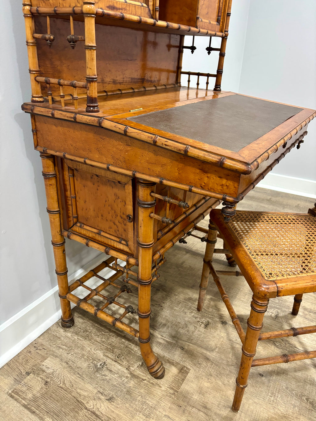 Rare Aesthetic Movement Faux Bamboo Bird's-Eye Maple Partial Bedroom Suite | Secretary Desk, Chair, Mirror & Twin Bed | Attributed to R.J. Horner | c. 1885–1895
