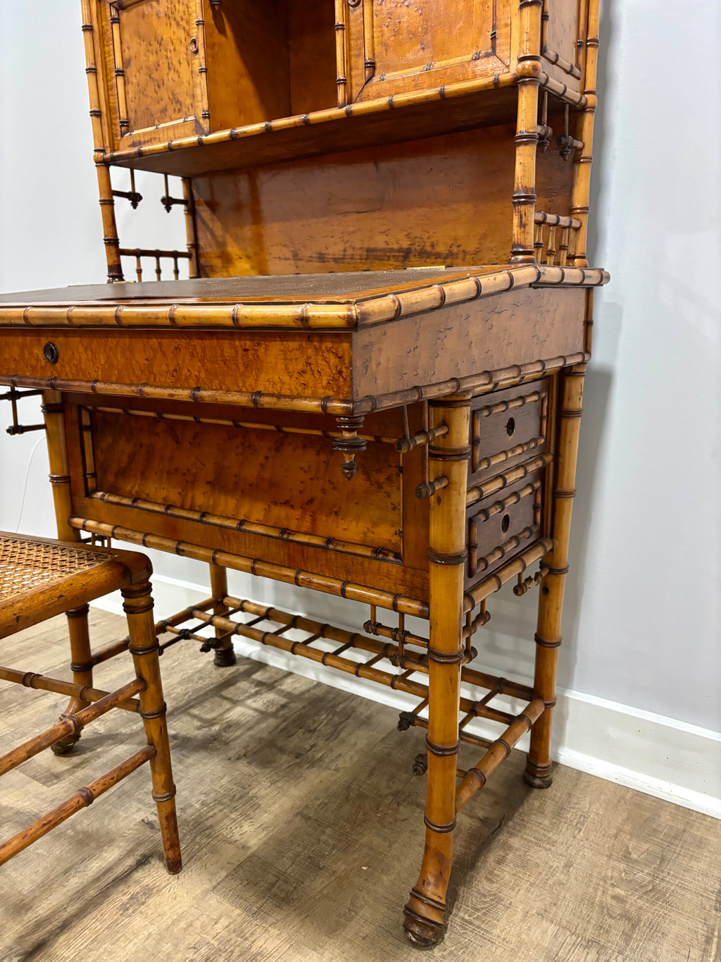 Rare Aesthetic Movement Faux Bamboo Bird's-Eye Maple Partial Bedroom Suite | Secretary Desk, Chair, Mirror & Twin Bed | Attributed to R.J. Horner | c. 1885–1895