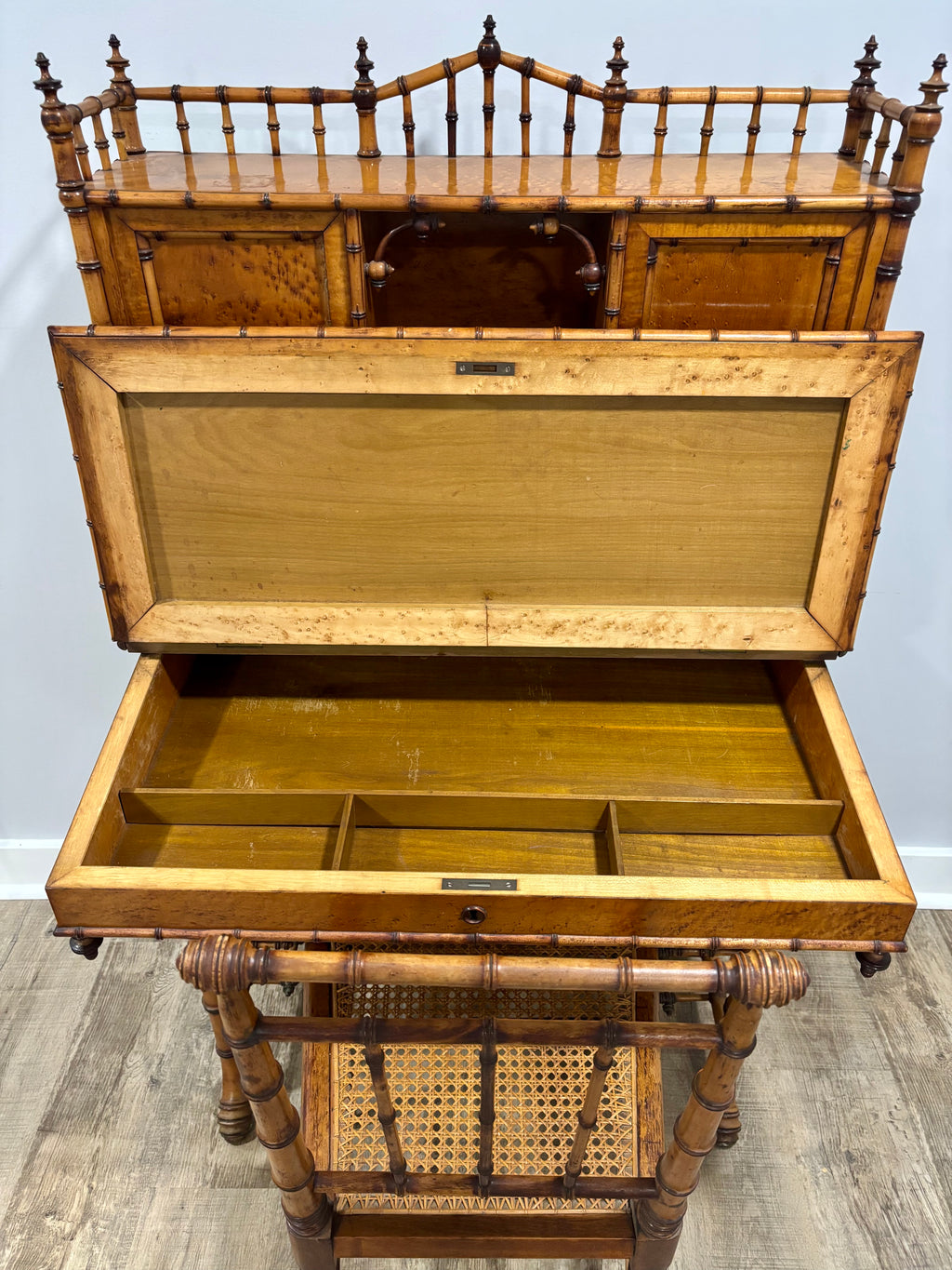 Rare Aesthetic Movement Faux Bamboo Bird's-Eye Maple Partial Bedroom Suite | Secretary Desk, Chair, Mirror & Twin Bed | Attributed to R.J. Horner | c. 1885–1895