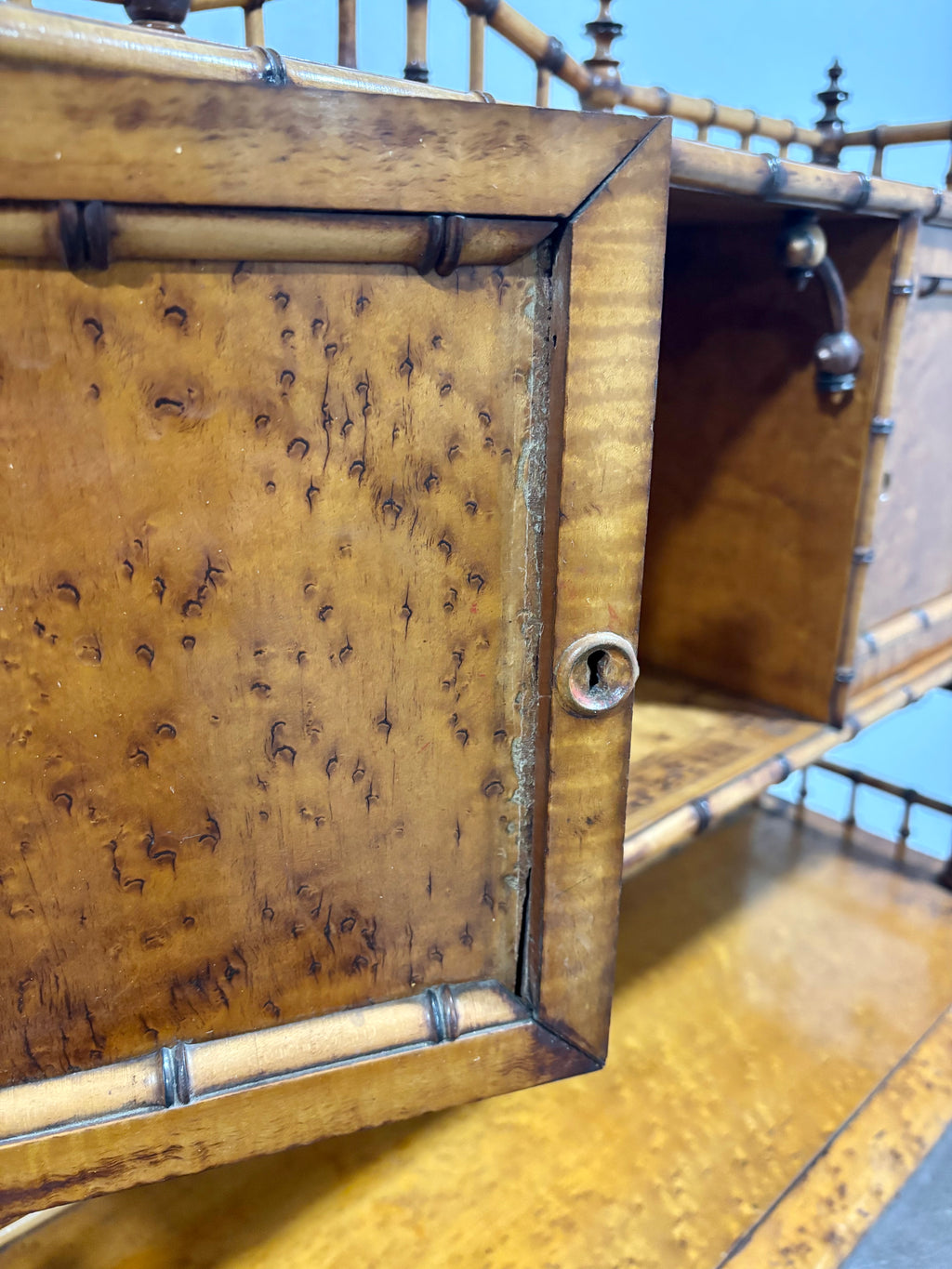 Rare Aesthetic Movement Faux Bamboo Bird's-Eye Maple Partial Bedroom Suite | Secretary Desk, Chair, Mirror & Twin Bed | Attributed to R.J. Horner | c. 1885–1895