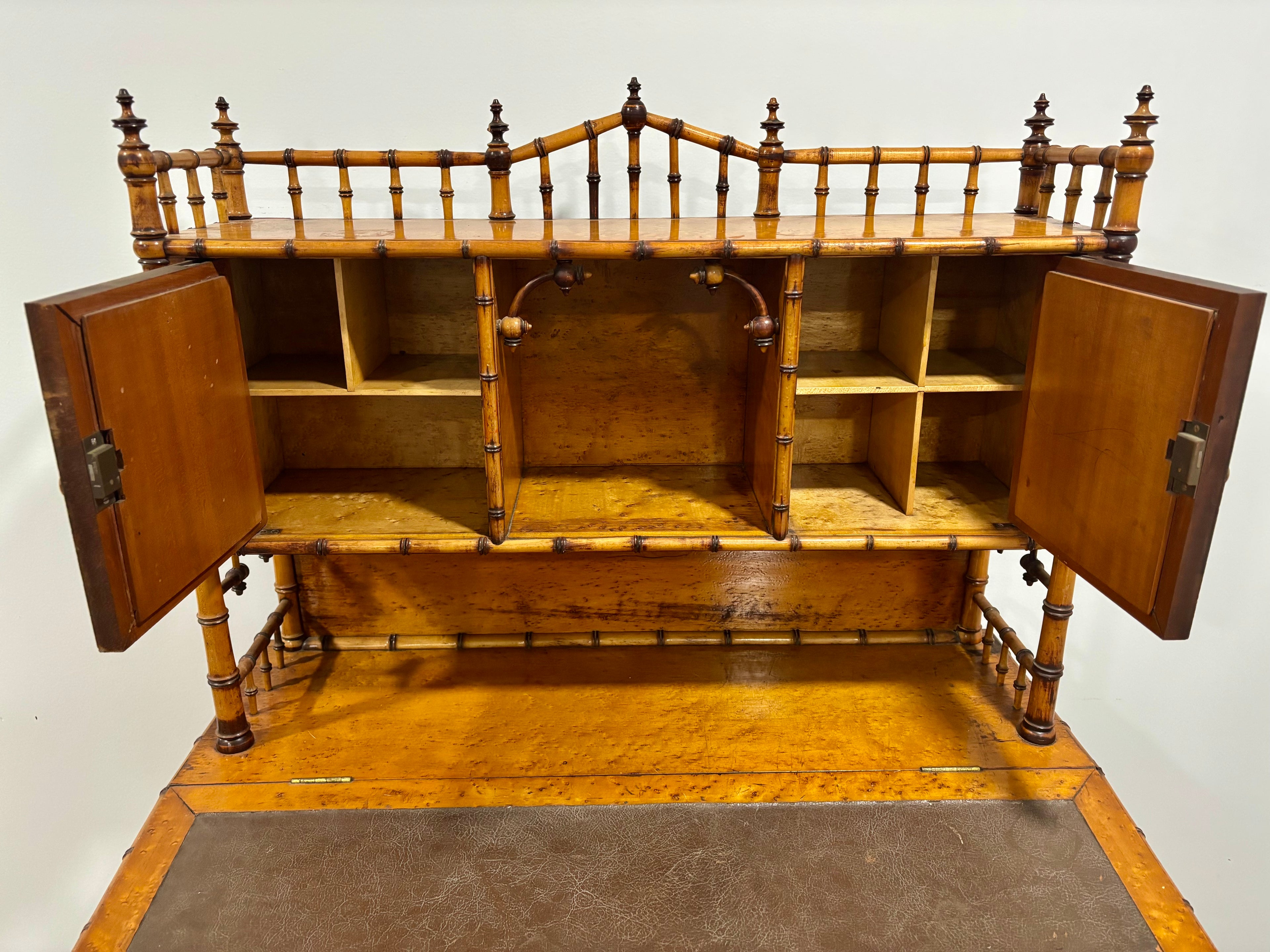 Rare Aesthetic Movement Faux Bamboo Bird's-Eye Maple Partial Bedroom Suite | Secretary Desk, Chair, Mirror & Twin Bed | Attributed to R.J. Horner | c. 1885–1895