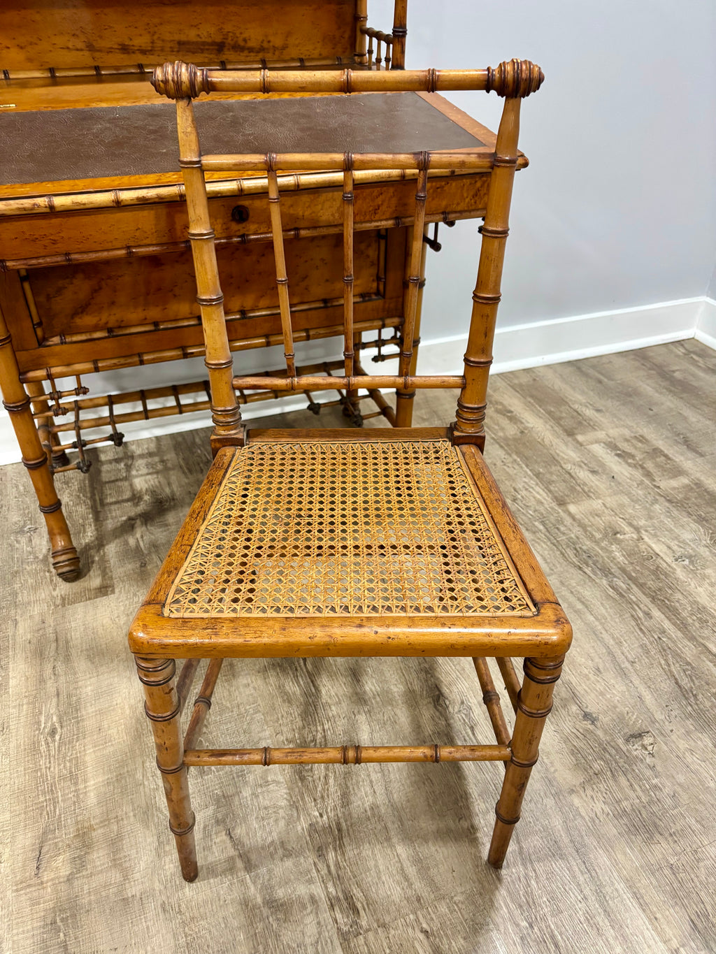 Rare Aesthetic Movement Faux Bamboo Bird's-Eye Maple Partial Bedroom Suite | Secretary Desk, Chair, Mirror & Twin Bed | Attributed to R.J. Horner | c. 1885–1895