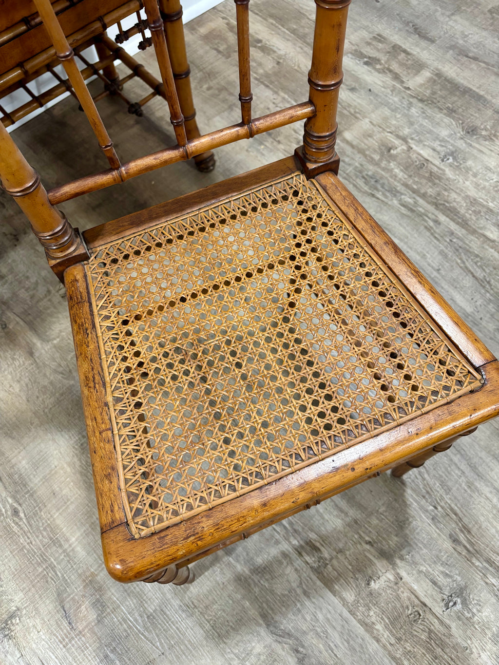 Rare Aesthetic Movement Faux Bamboo Bird's-Eye Maple Partial Bedroom Suite | Secretary Desk, Chair, Mirror & Twin Bed | Attributed to R.J. Horner | c. 1885–1895