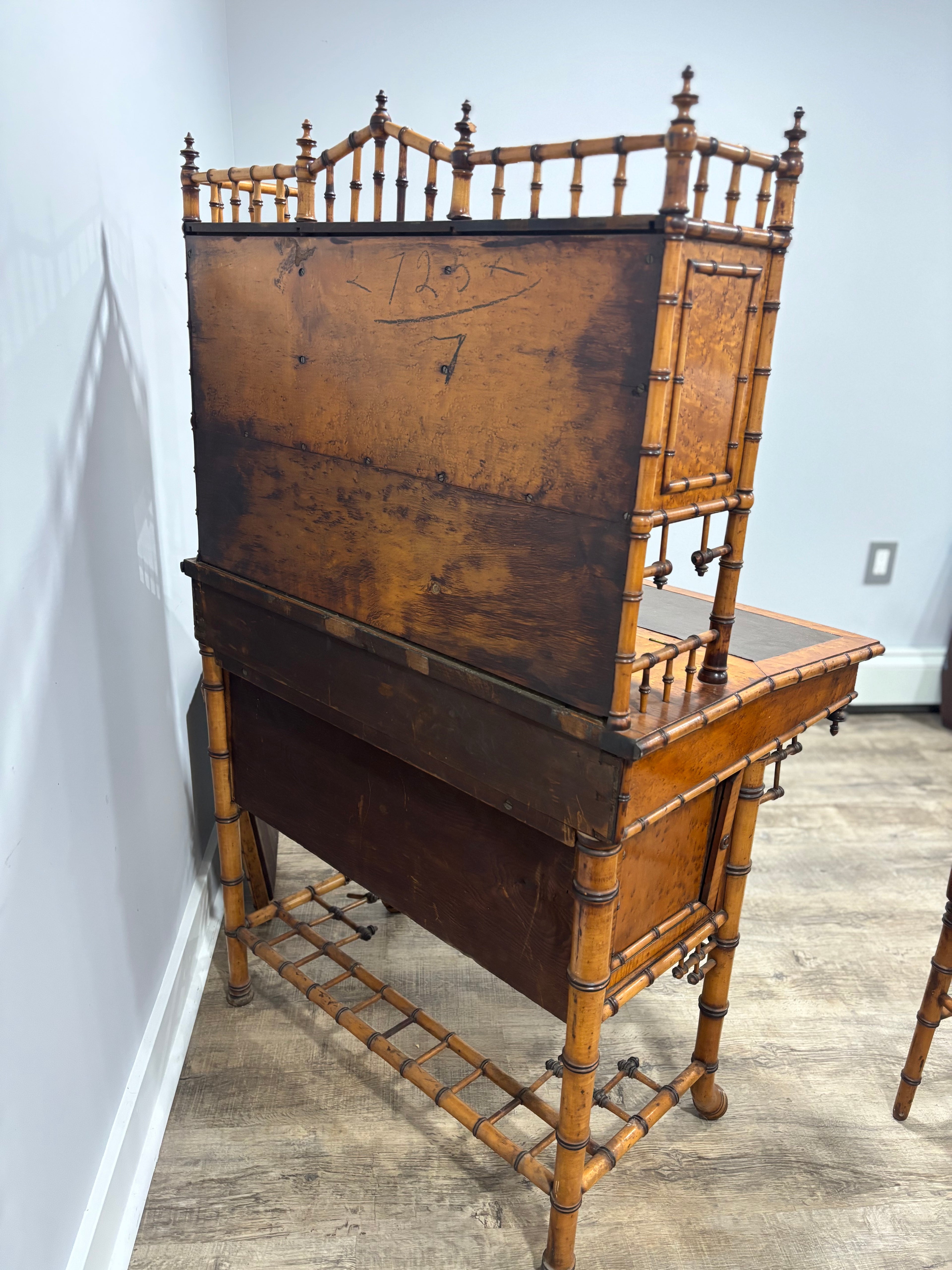 Rare Aesthetic Movement Faux Bamboo Bird's-Eye Maple Partial Bedroom Suite | Secretary Desk, Chair, Mirror & Twin Bed | Attributed to R.J. Horner | c. 1885–1895