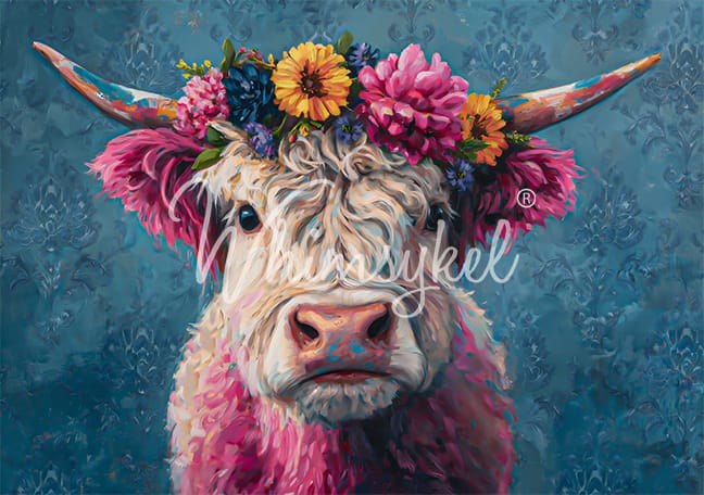 Painting of a cow with floral headpiece on a textured blue background