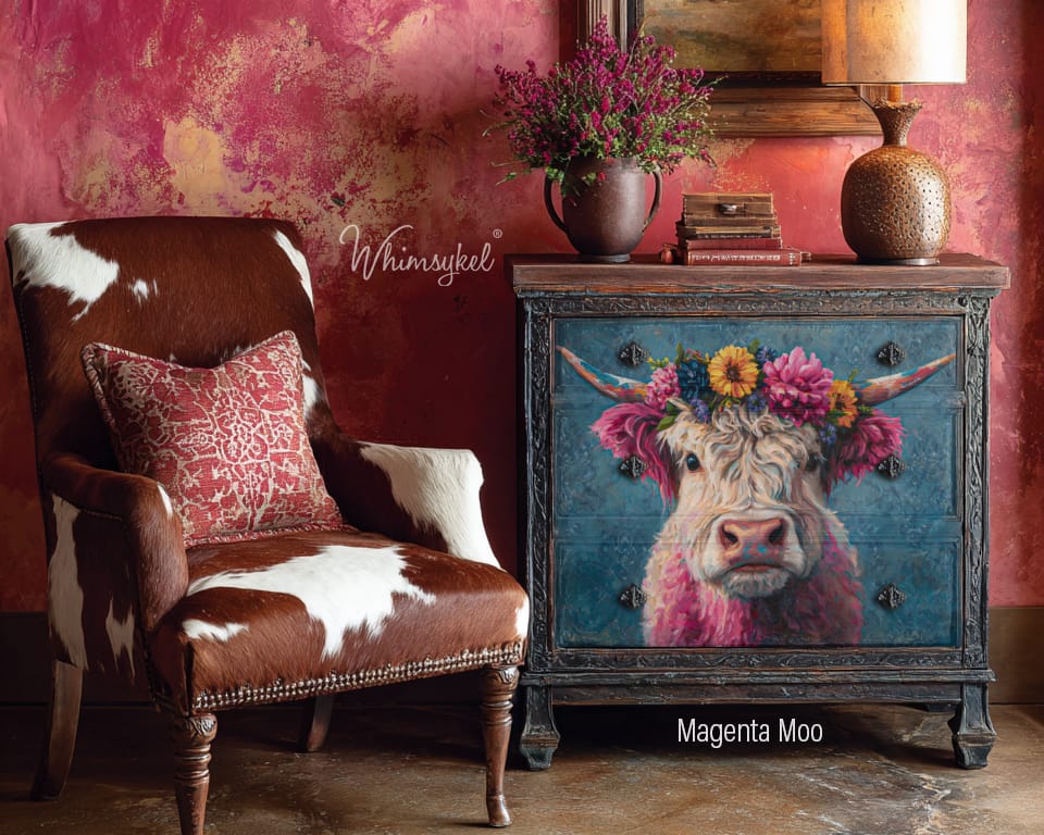 Decorative armchair with cow-themed cushion and a cabinet with a cow painting in a room with pink walls.