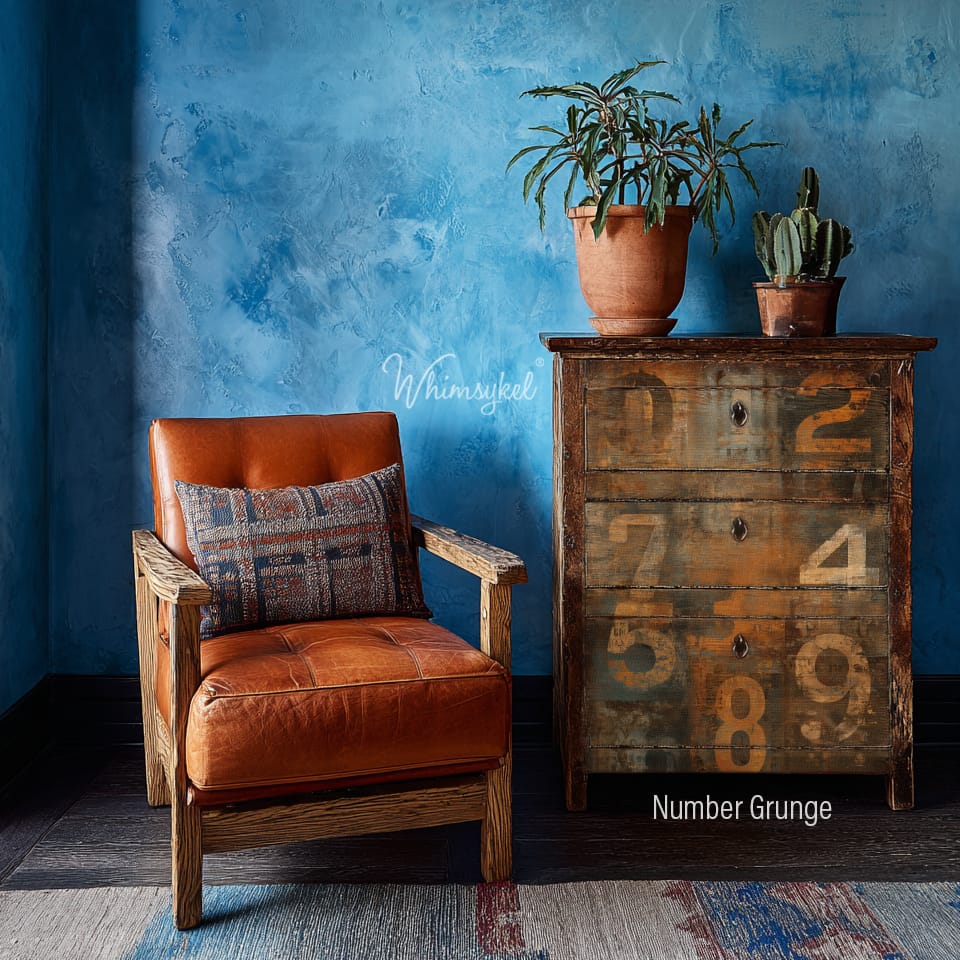 Brown leather armchair with a patterned pillow next to a wooden cabinet with number design against a blue wall.